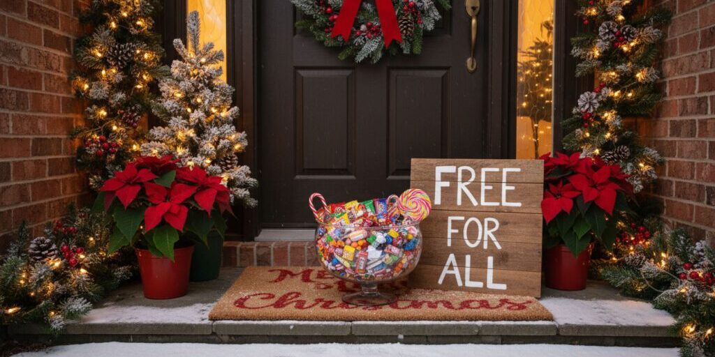 Bowl of halloween candy on a Christmas porch with a "free for all" sign next to it