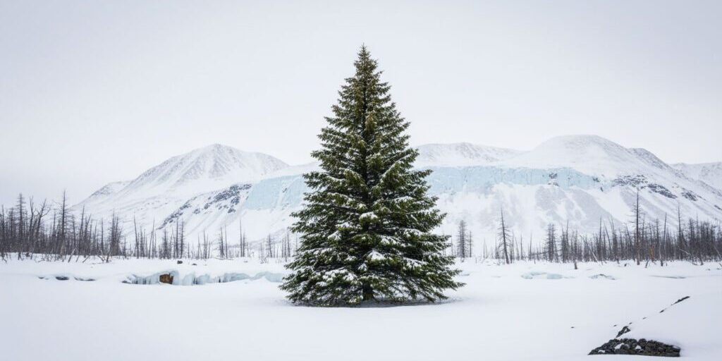Single evergreen tree against a winter landscape